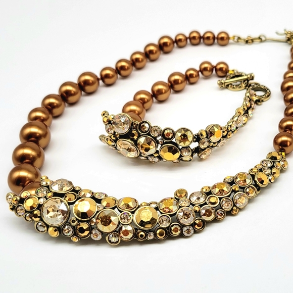 Heidi Daus Gold Pearl and Diamond Swarovski Crystal Asymmetrical Jewelry Set - Picture 1 of 14
